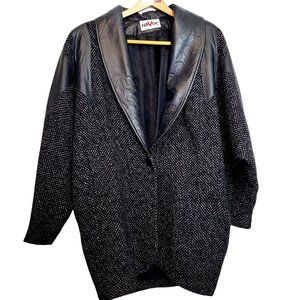 Vintage Tweed Leather Coat Jacket Havoc USA Womens Medium Pockets Button Close